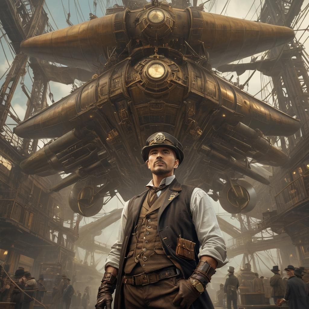 A steampunk engineer stands proudly before his steampunk air...