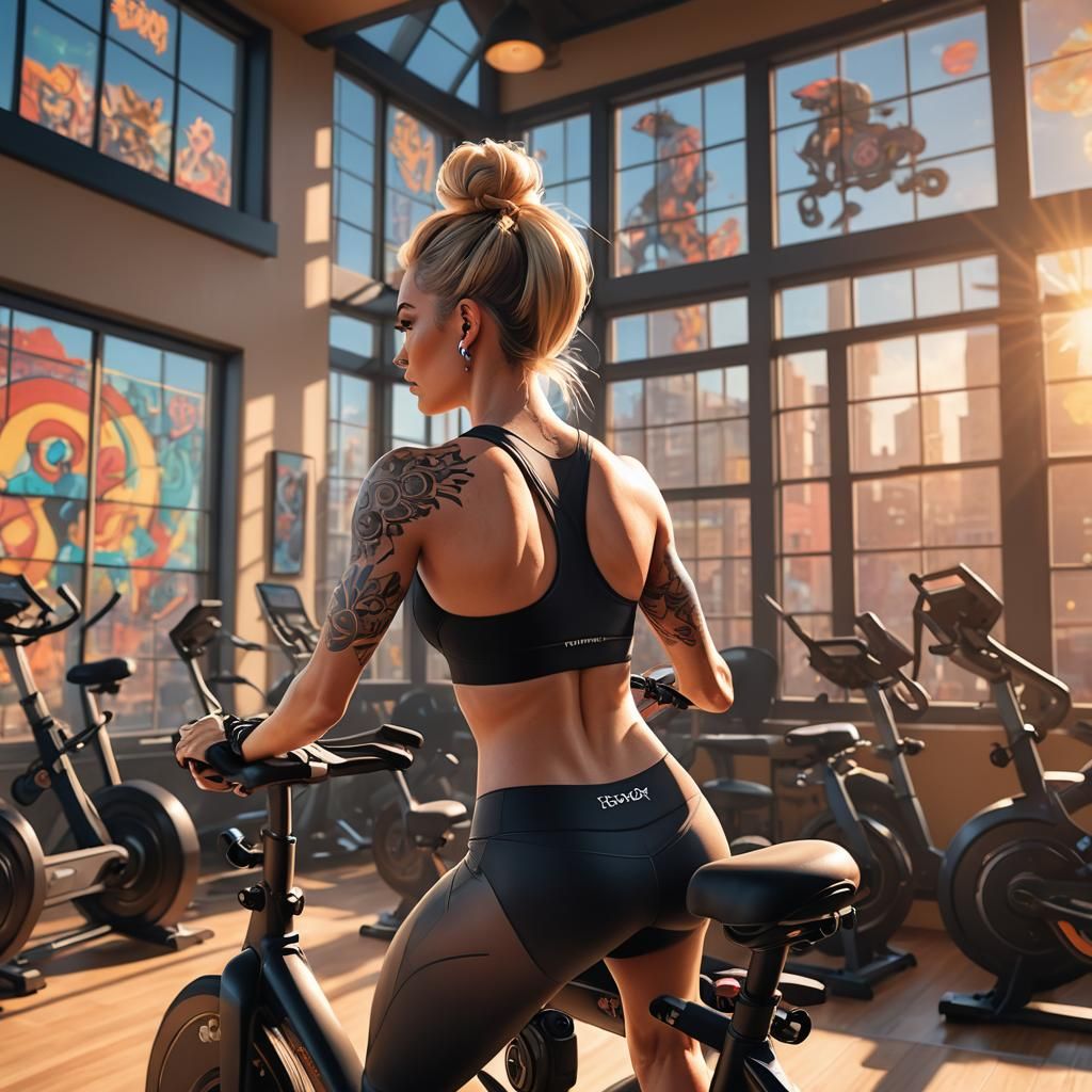 Blonde Woman on Workout Bike: Pixar-Inspired 3D Render
