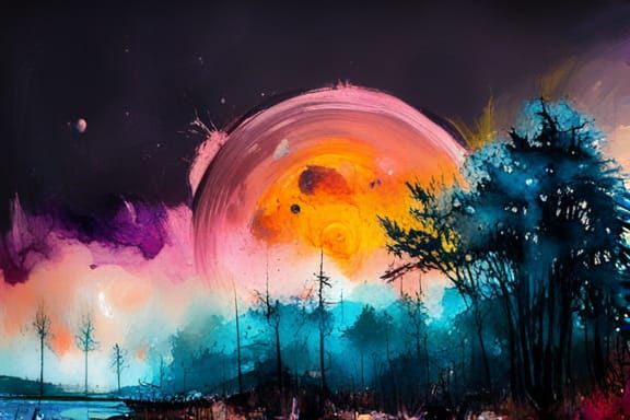 Ink Splash Fantasy Landscape in Oil Painting Style