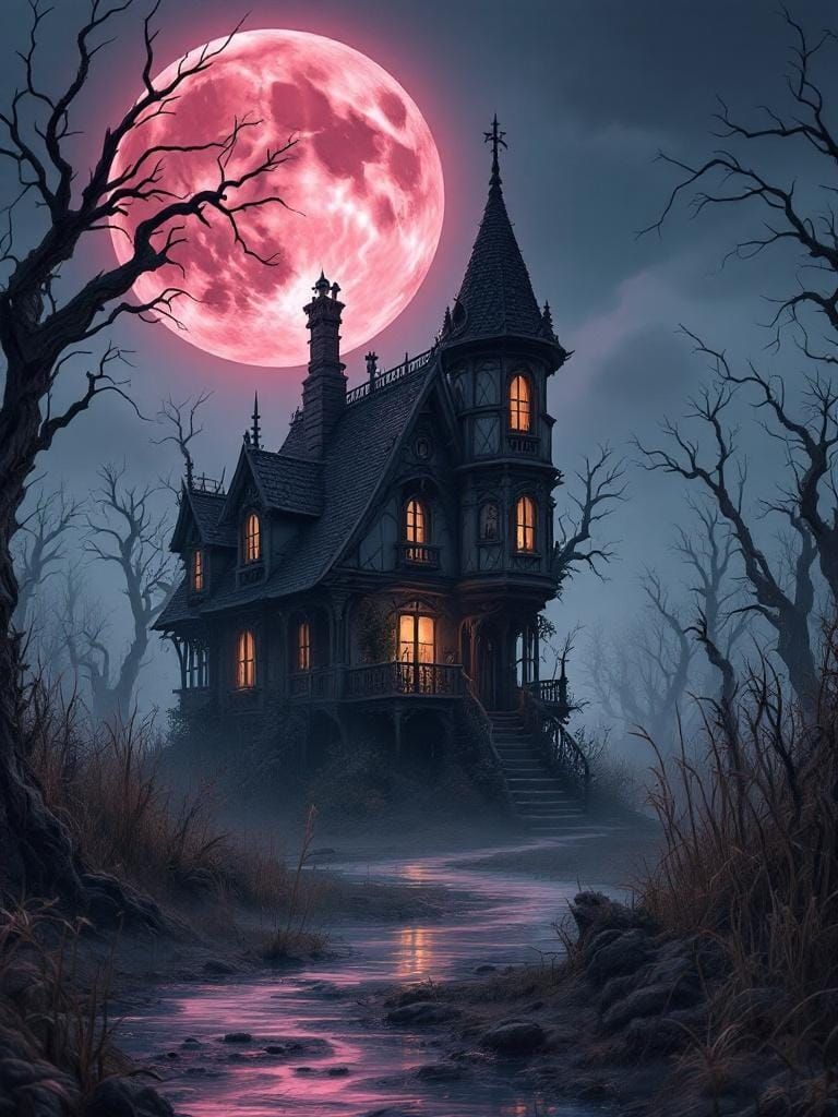 Haunted Witch House in Misty Swamp: Digital Illustration