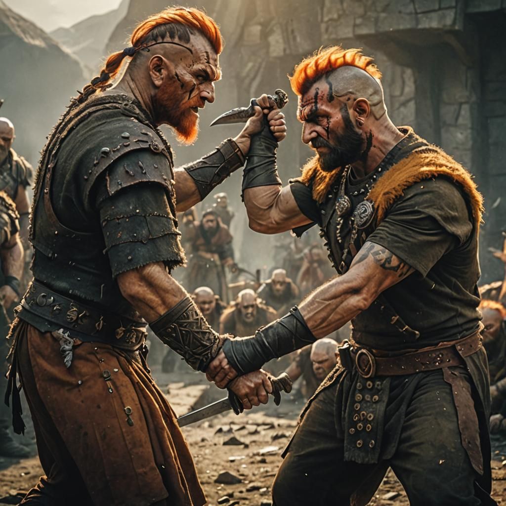 Dwarven Barbarian Defends Against Orc Attack