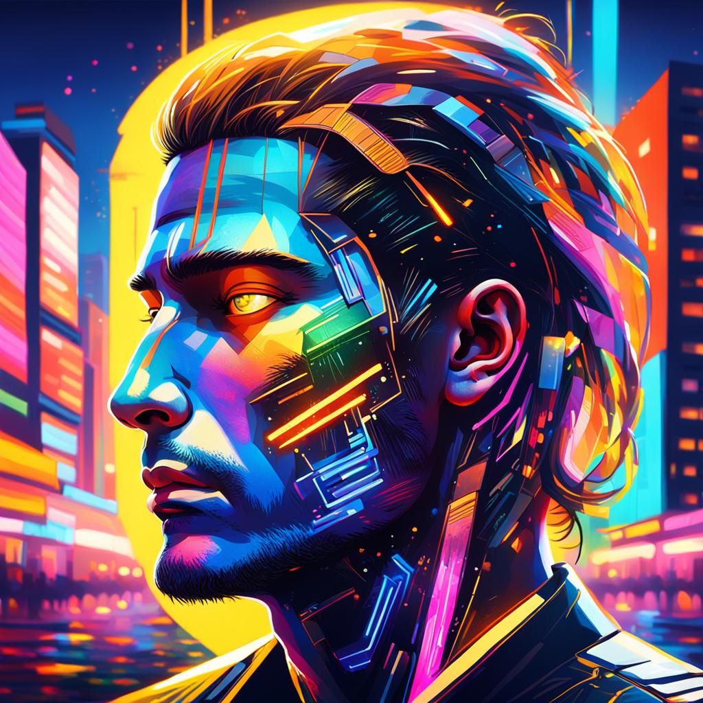 Neon Reflection: Contemplative Portrait in Vibrant Oil Paint...