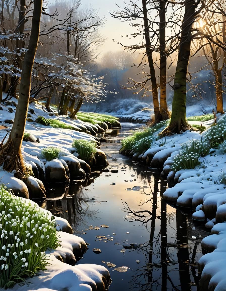 Snowy Riverscape in Watercolor Style with Snowdrops
