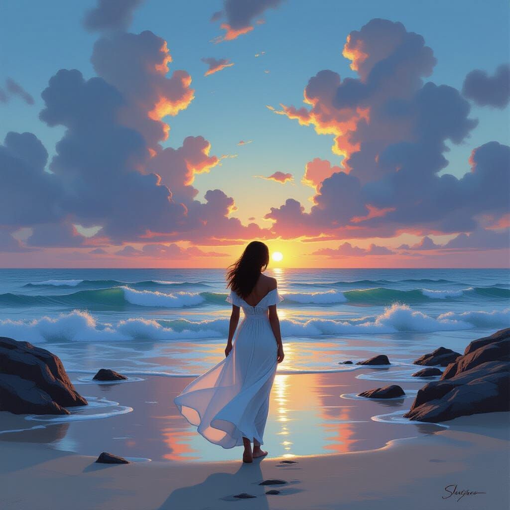 Sunset Contemplation: A Seaside Landscape in Romantic Style