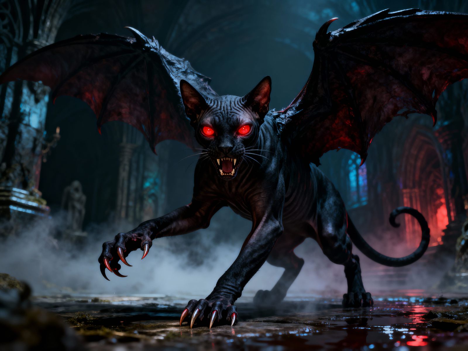 Menacing Demonic Cat in Dark Fantasy Crypt
