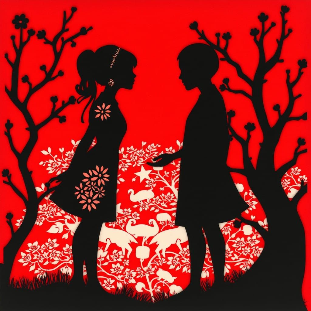 Whimsical Red Silhouettes Meet in Dreamlike Scene