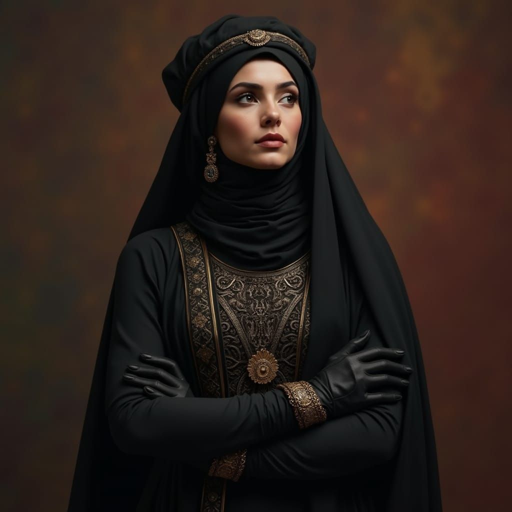 Dignified Arab Woman in Black Regalia with Ornate Jewelry