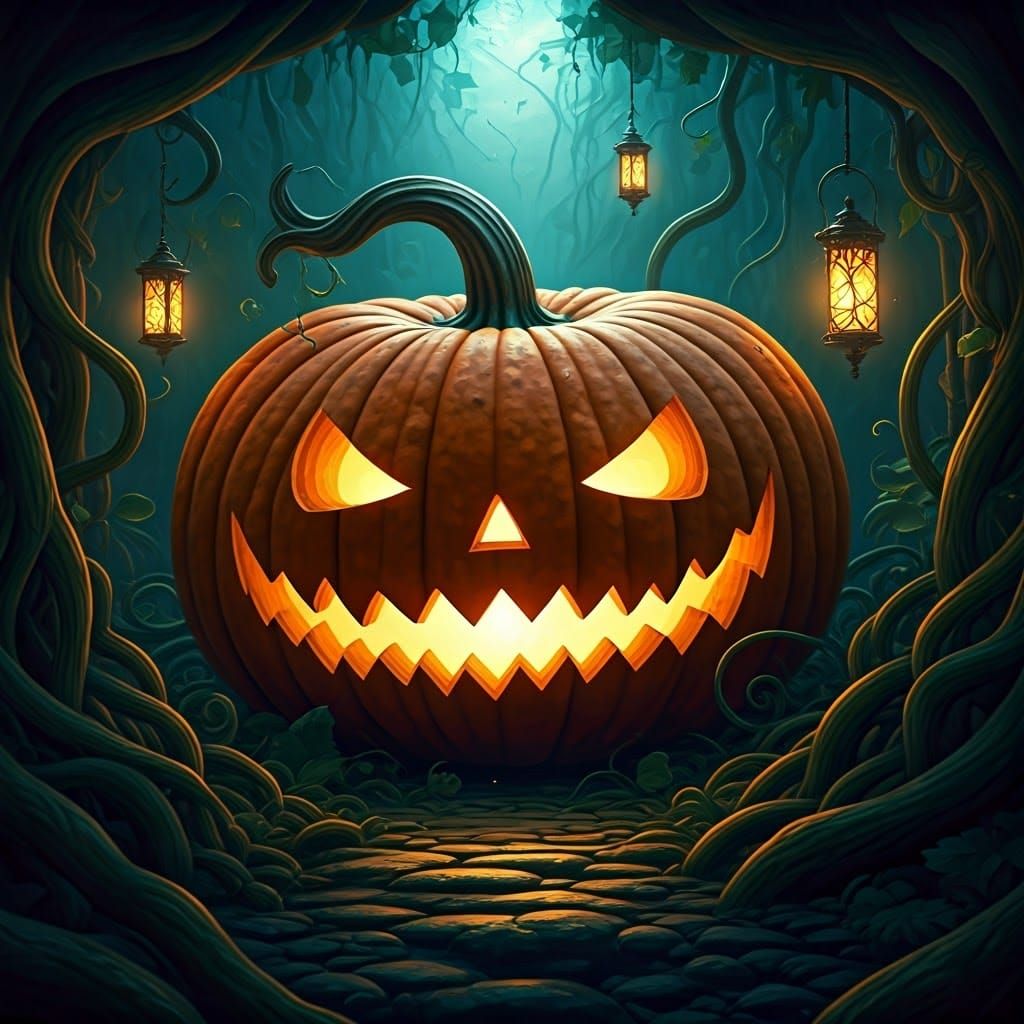 Melancholic Pumpkin in Dreamlike Fantasy Landscape