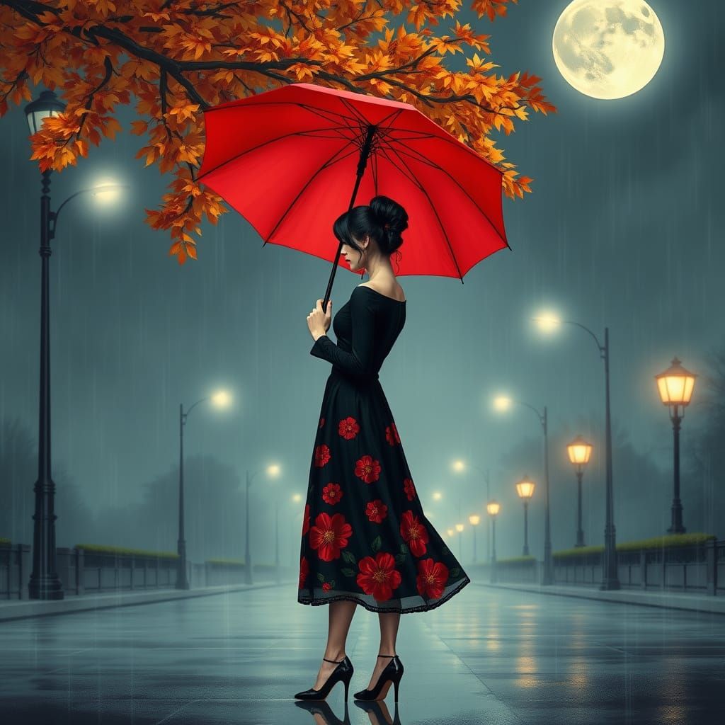Woman in Red Dress Standing in Rainy Autumn Night