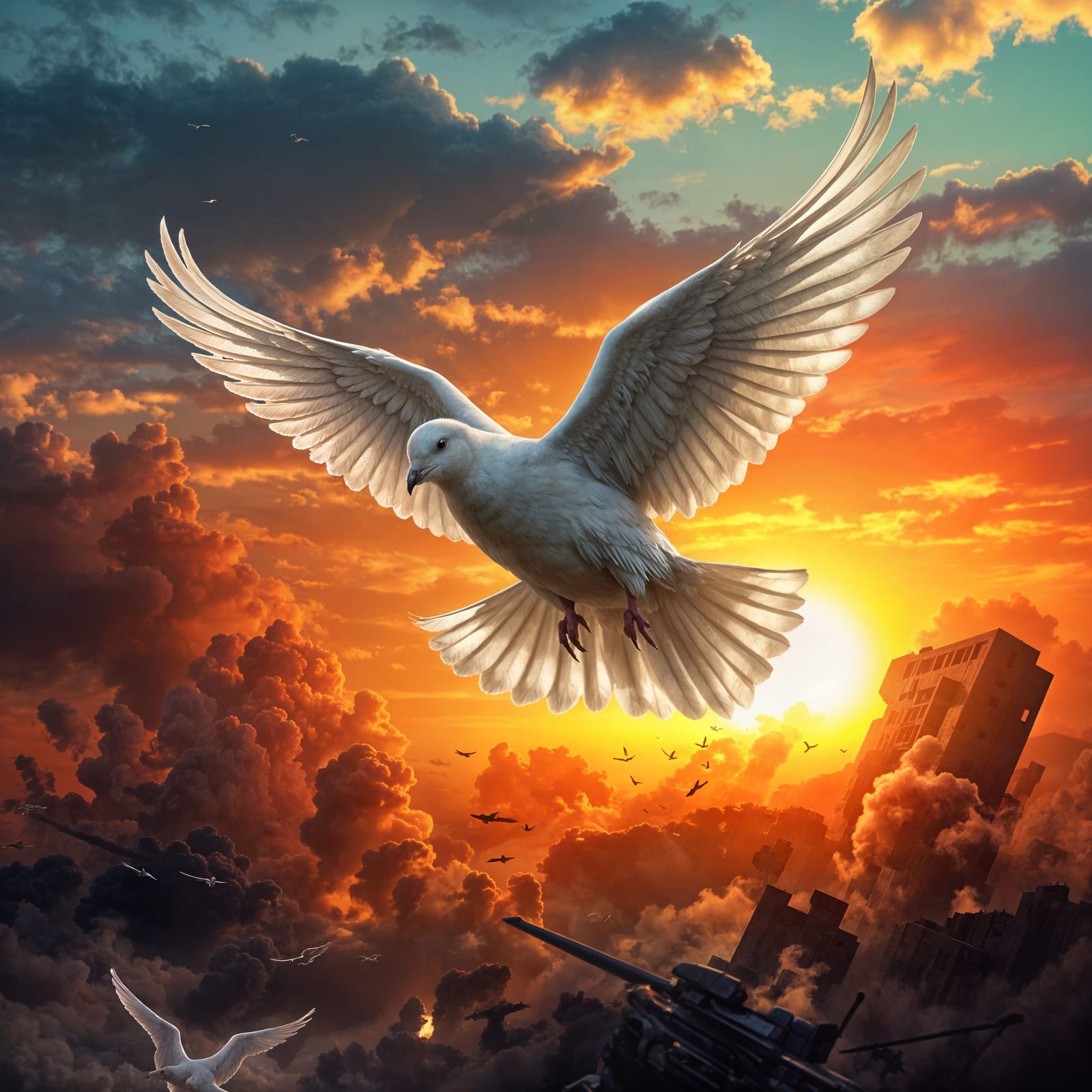Surreal Sunrise Dove Takes Flight Over a Battle-Scarred Land...