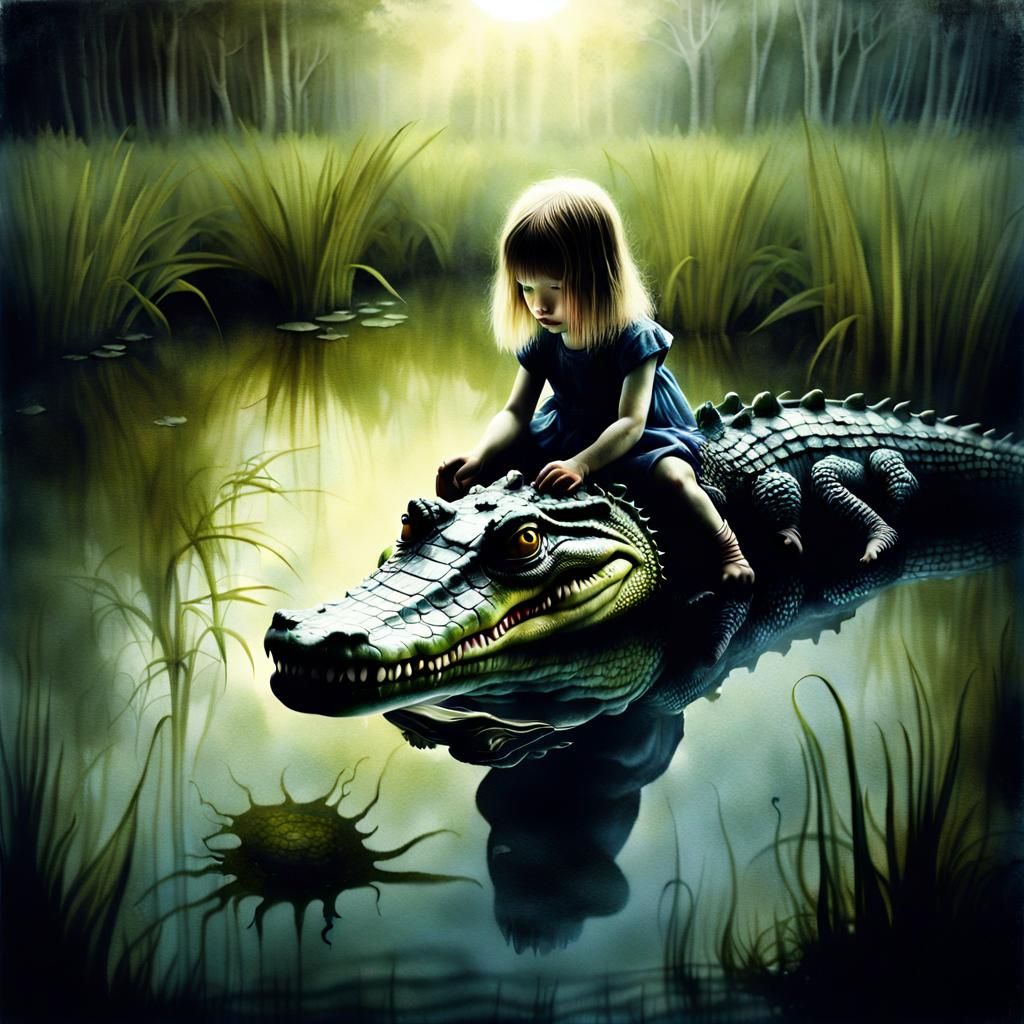 Girl and Alligator in Surreal Swamp Photograph