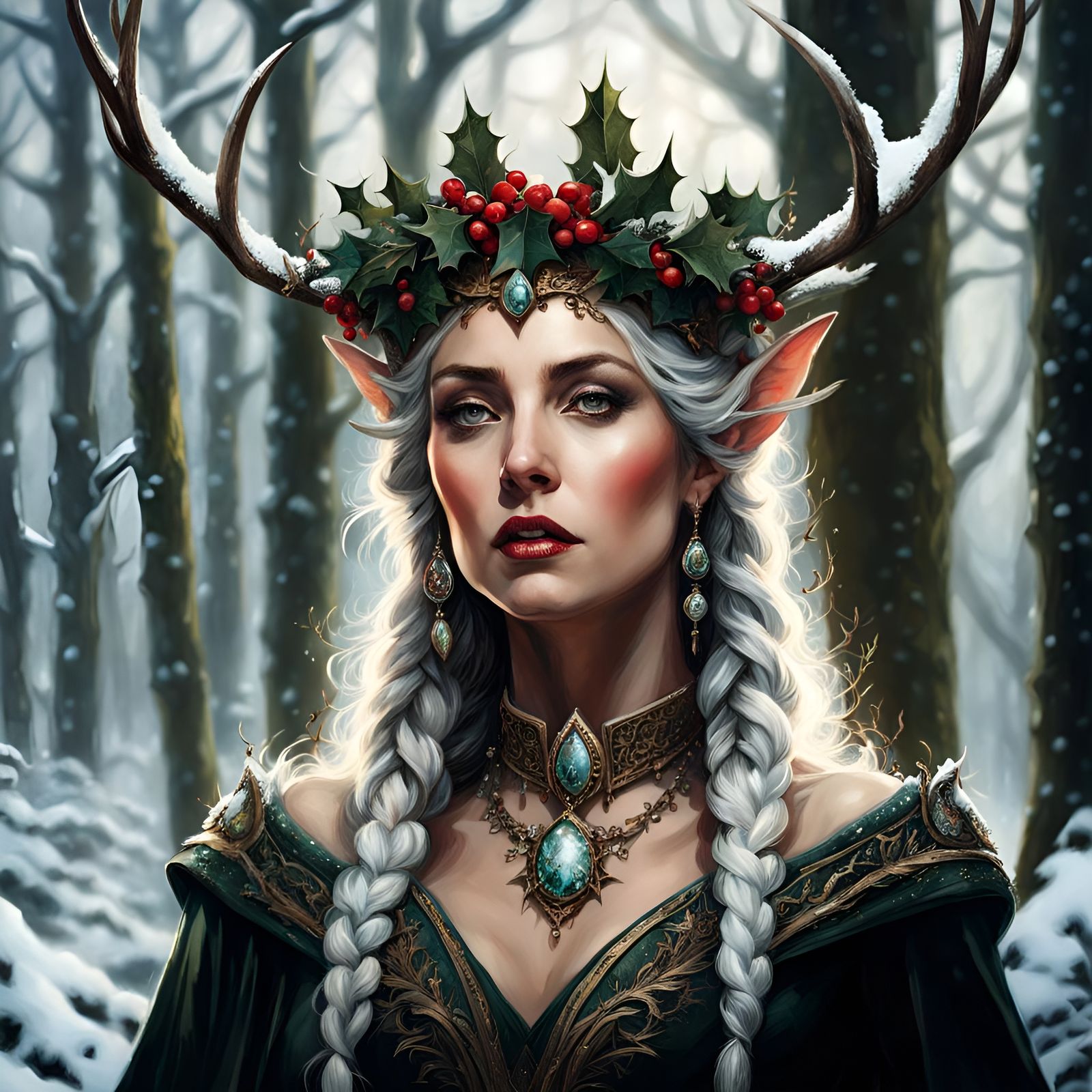 Antlered Elf Queen in Snowy Woods Portrait