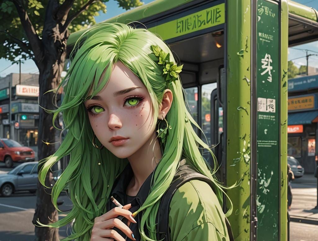 Anime Girl Smoking at Desolate Bus Stop: Digital Art