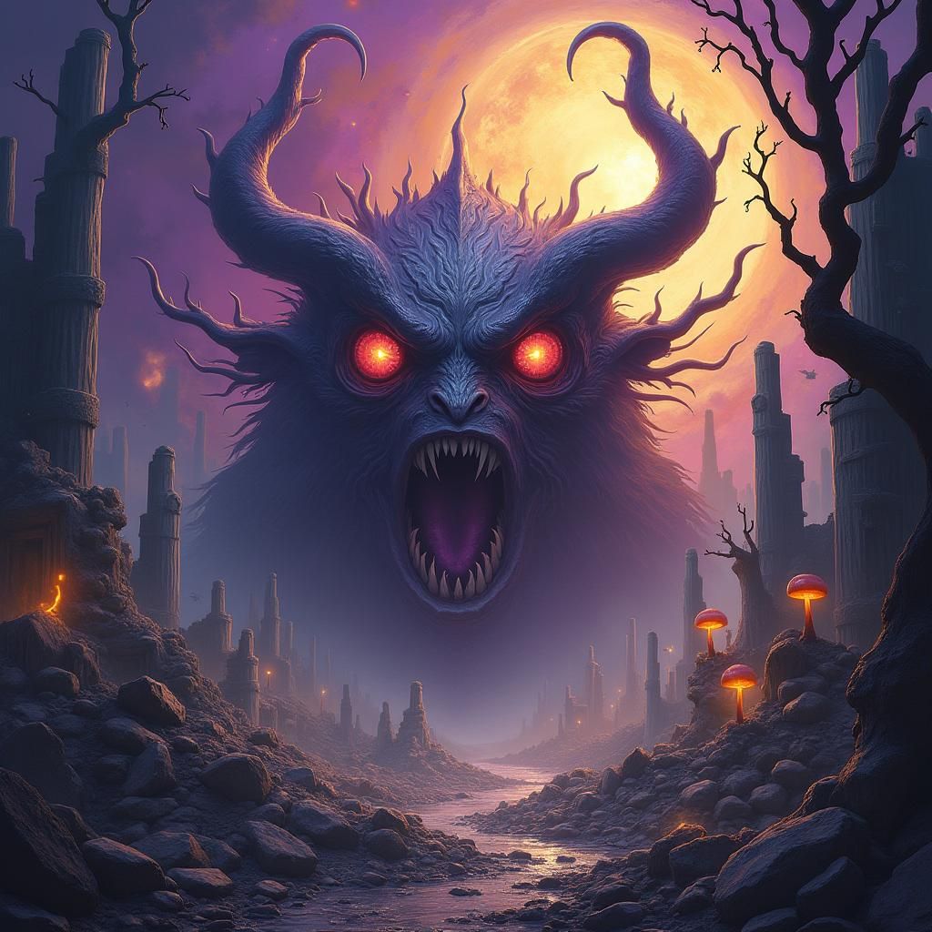 Beholder in Dark Fantasy Landscape: Destruction and Rebirth