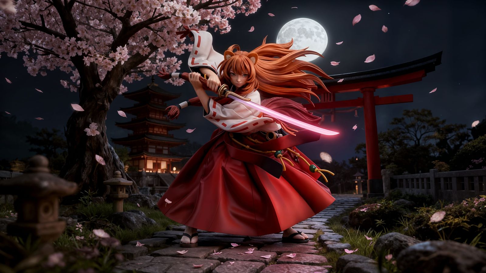 Anthropomorphic Fox in Kimono Under Sakura Tree