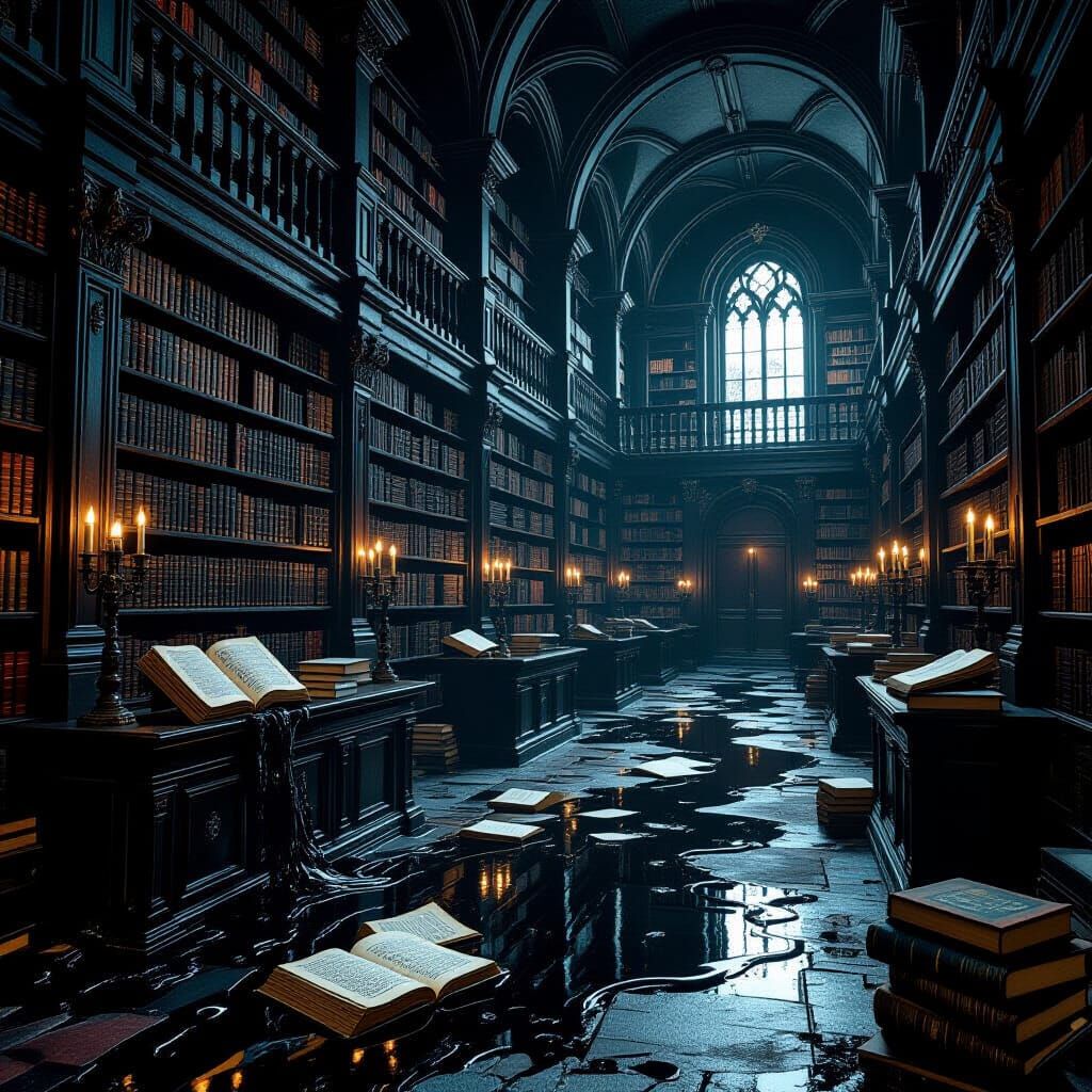 Melting Books in Gothic Library with Eerie Shadows