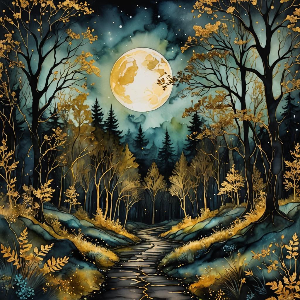Magical Forest Path in Alcohol Ink Style