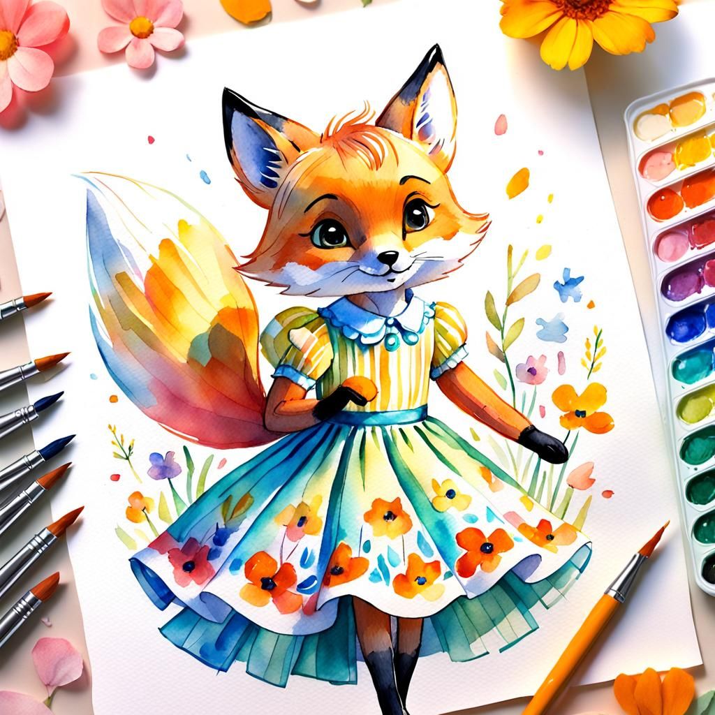Fox in Flower Dress: Watercolor Sketch Illustration
