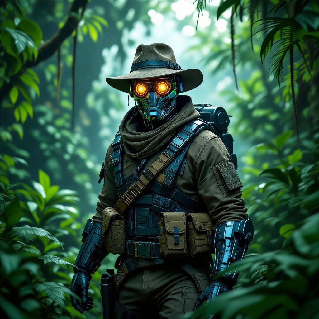 Cyborg Explorer Navigating Jungle Ruins in Dark Fantasy Styl...