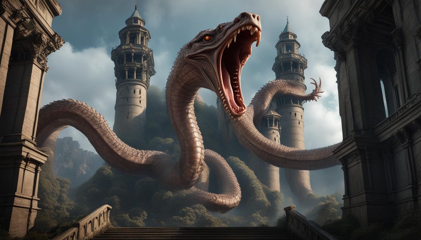 Menacing Five-Headed Hydra in Dark Fantasy Style