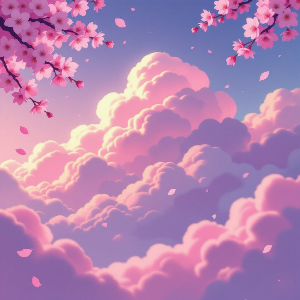 Whimsical Pink and Purple Clouds with Cherry Blossoms
