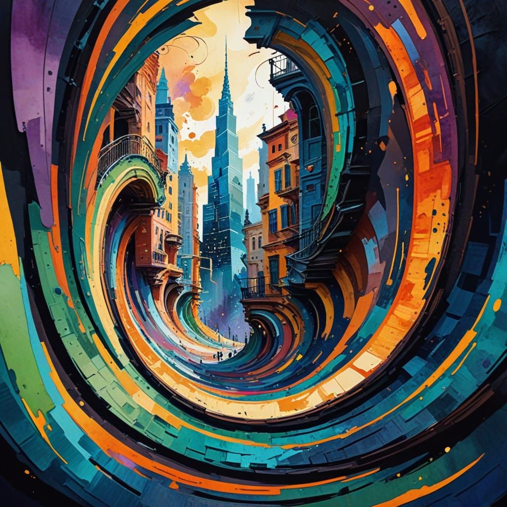 Distorted Cityscape in Gouache Style with Spiral Shapes