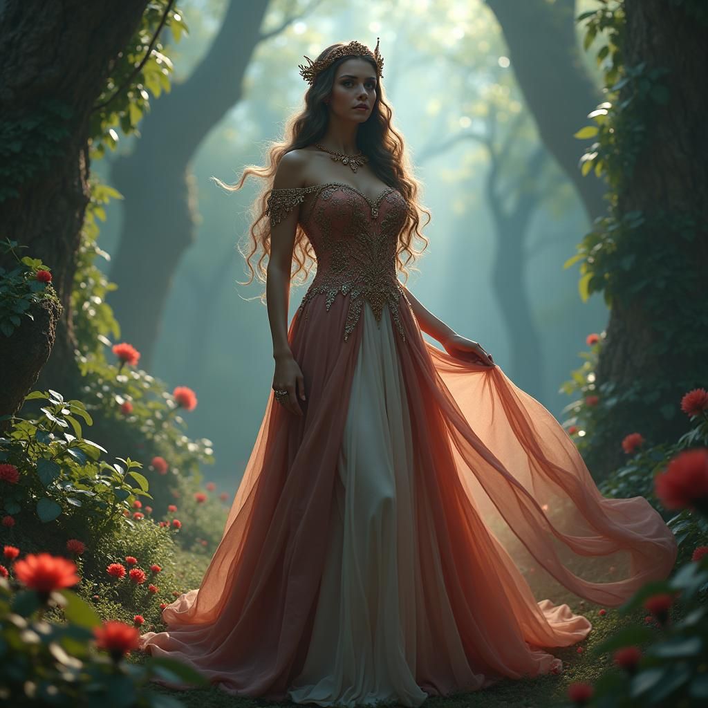 Elegant Lady in Mystical Garden, Digital Matte Painting