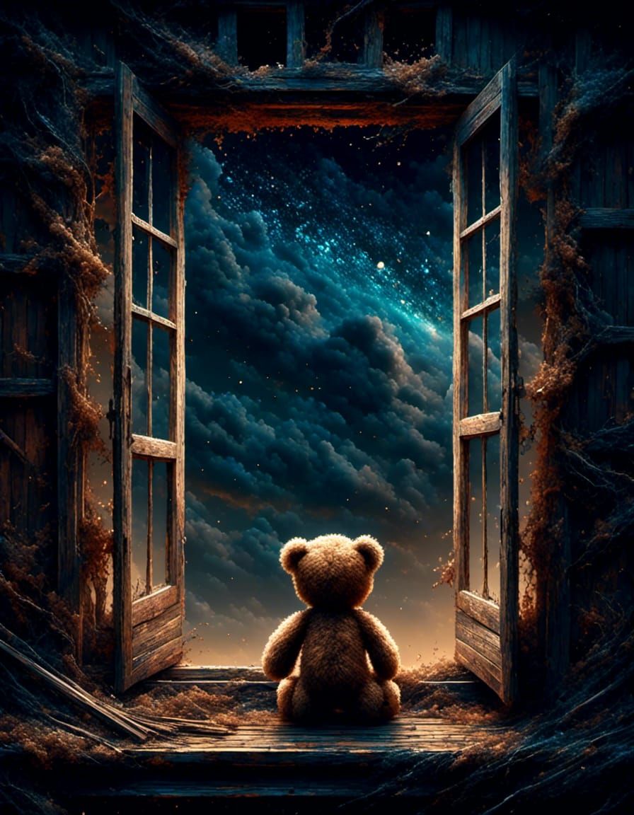 Teddy Bear Gazing at Night Sky in Old Building