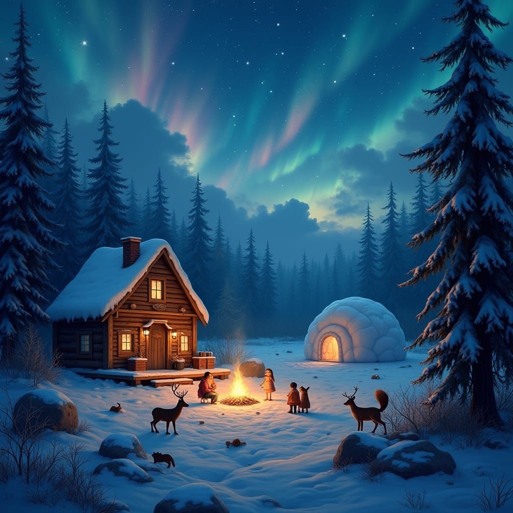 Whimsical Winter Wonderland Scene with Cozy Cabin and Aurora...