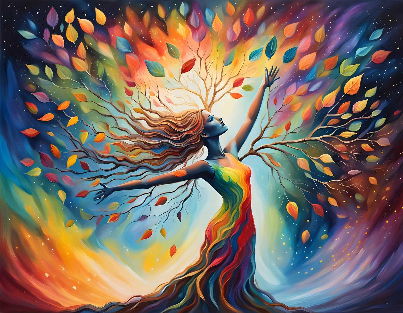 Rainbow Tree Woman: An Acrylic Painting