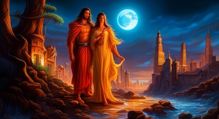 God and Goddess Admiring Creation in Detailed Painting