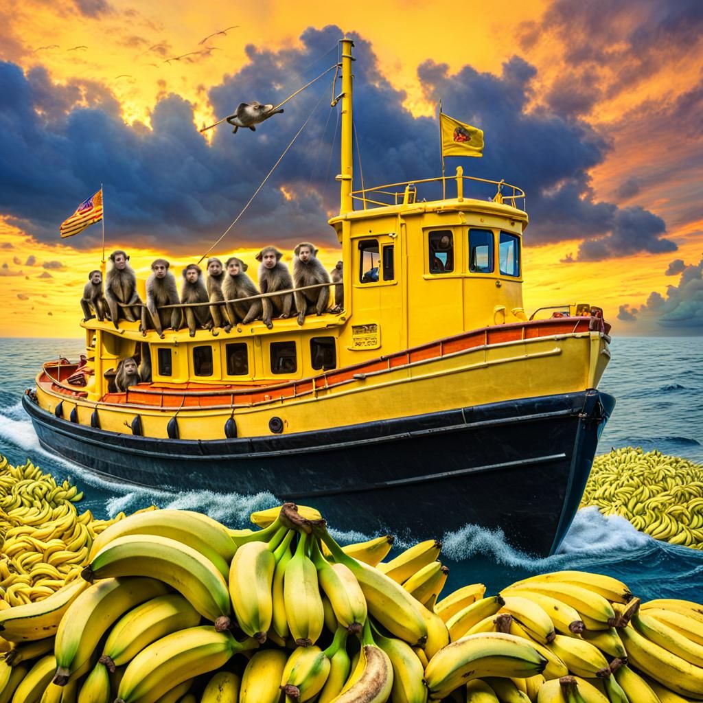 Monkeys Sail Banana Sea in Yellow Tugboat