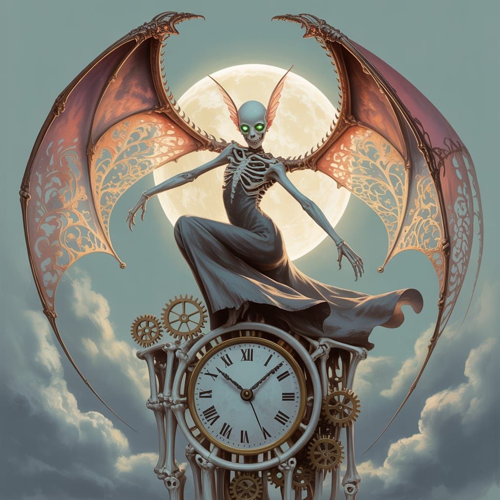 Skeletal Elf Dancer on Bone Clock Tower in Art Nouveau Style