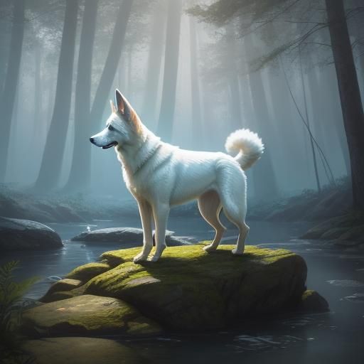 White German Shepherd in Mystical Forest