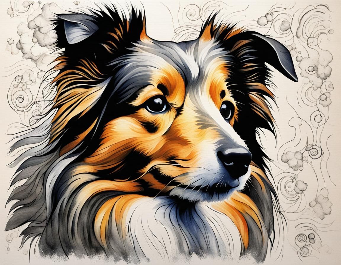 Shetland Collie in Japanese Abstract Charcoal Art