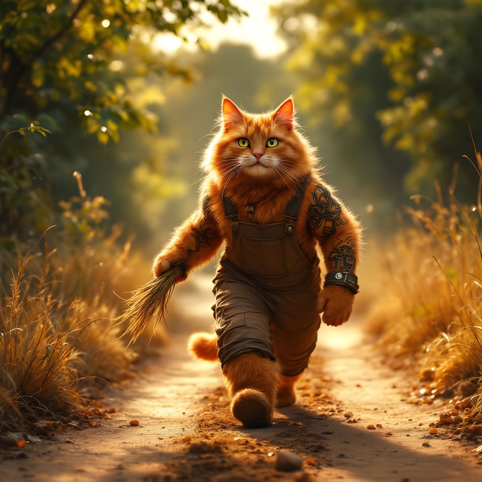 Soulful Orange Cat Strolls Down Dirt Road in Golden Sunset