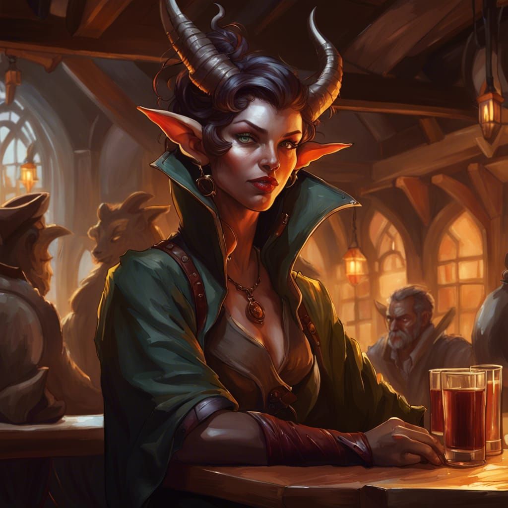 Tiefling Rogue Telling Secrets in a Tavern
