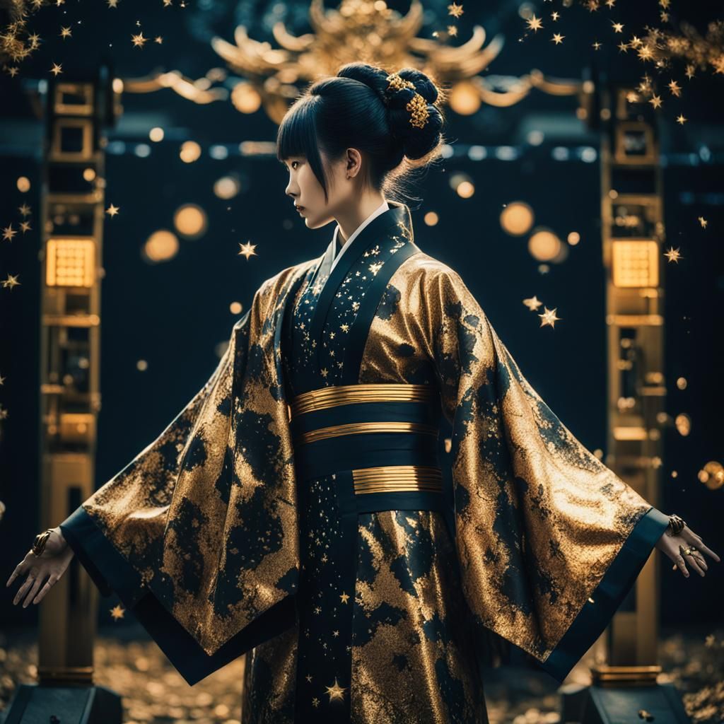 Gothic Kimono with Robotic Hands and Universe Backdrop