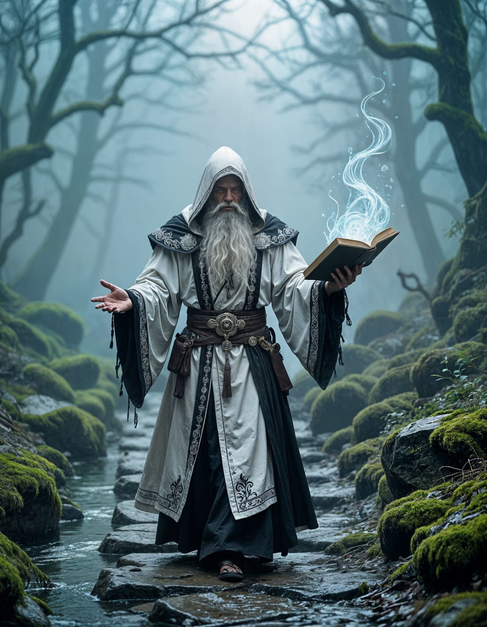 Bearded Sorcerer Walking Foggy Forest Path with Ice Magic
