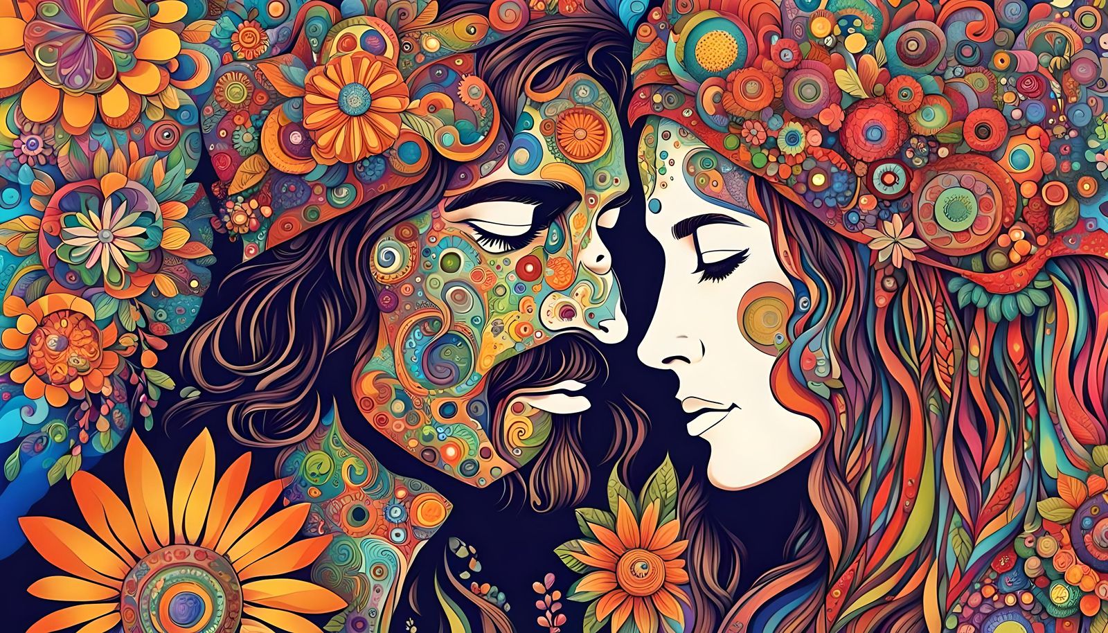 Abstract Flower Power Art with Hippie Couple