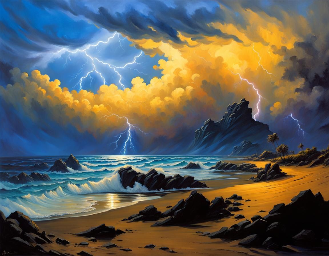 Grimdark Black Beach Under Stormy Sky