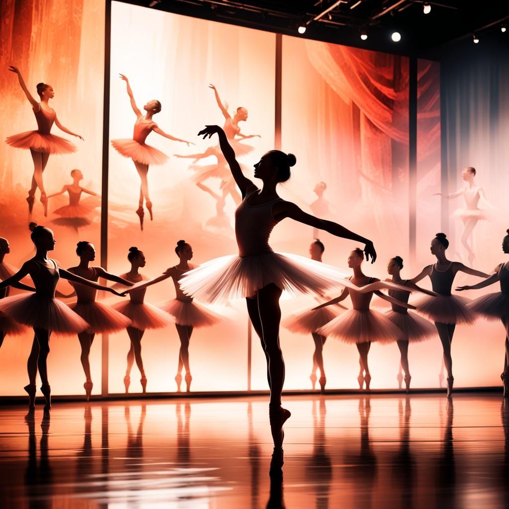 Double Exposure. An image of an ballet stage superimposed over a silhouette anime ballet dance girl, silhouette might co...