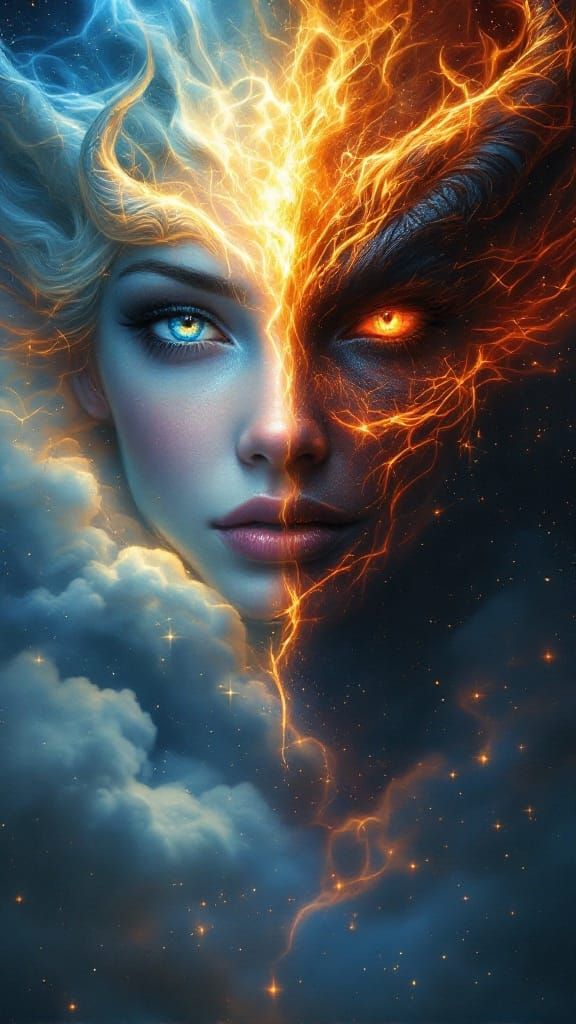 Surreal Hybrid Angel Demon Face with Divine and Dark Sides