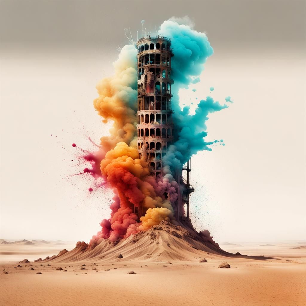 Sci-Fi Tower in Desert Ruins: Minimalist Watercolor