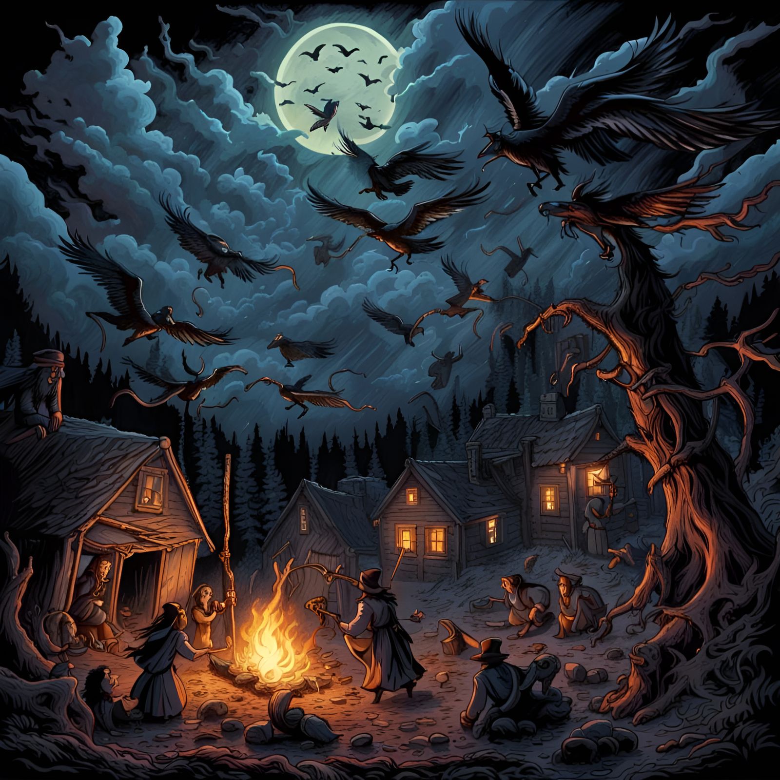 Witches' Walpurgis Night Campfire in Comic Style