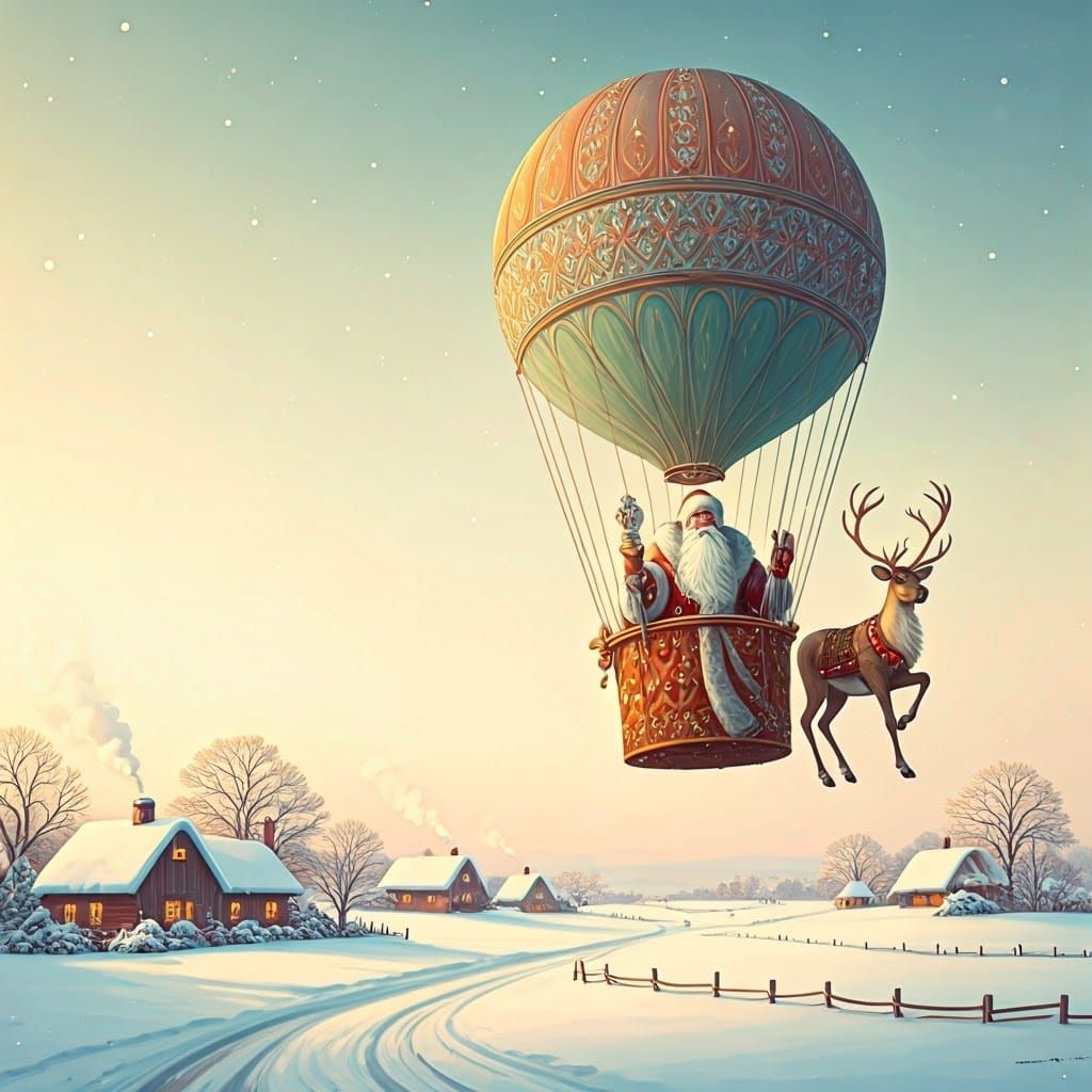 Santa's Winter Flight in Art Nouveau Watercolour
