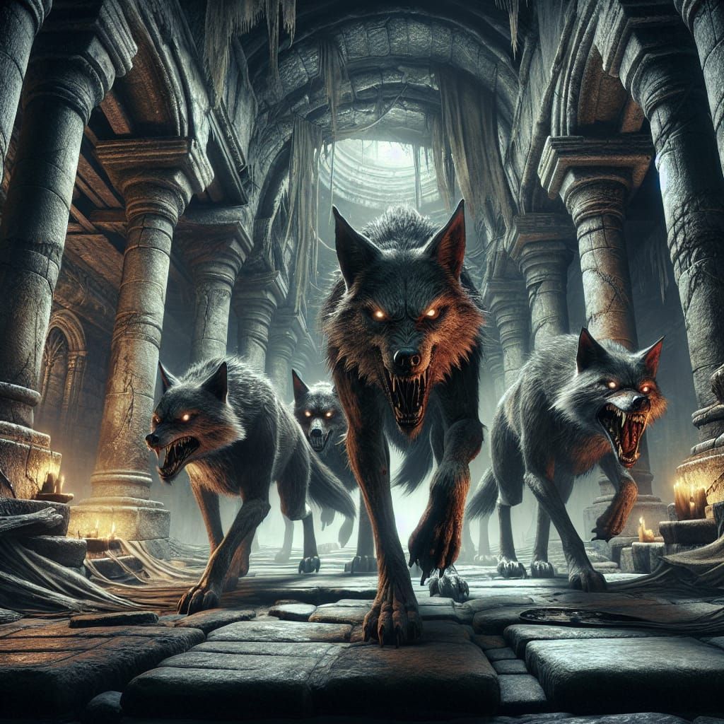Menacing Jackals Prowl a Fantasy Dungeon