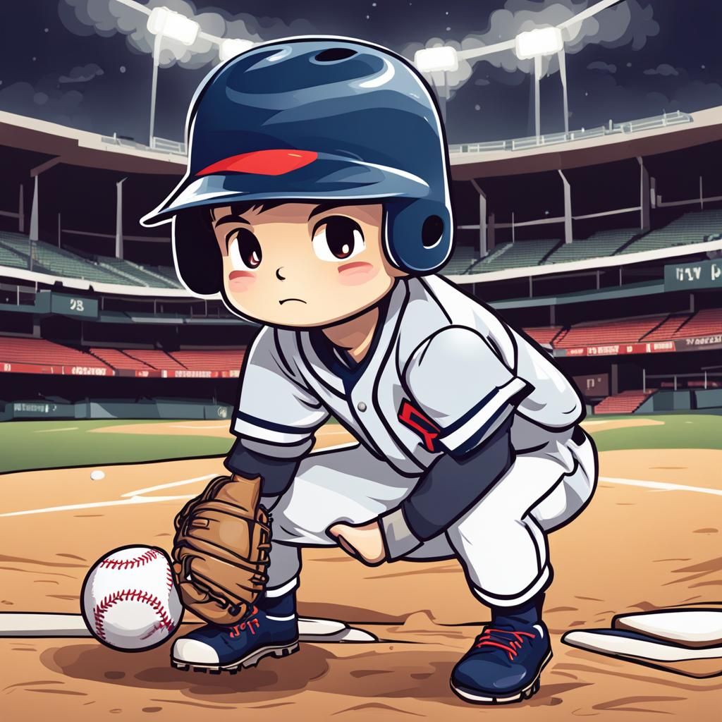 Focused Chibi Baseball Player Ready for Play