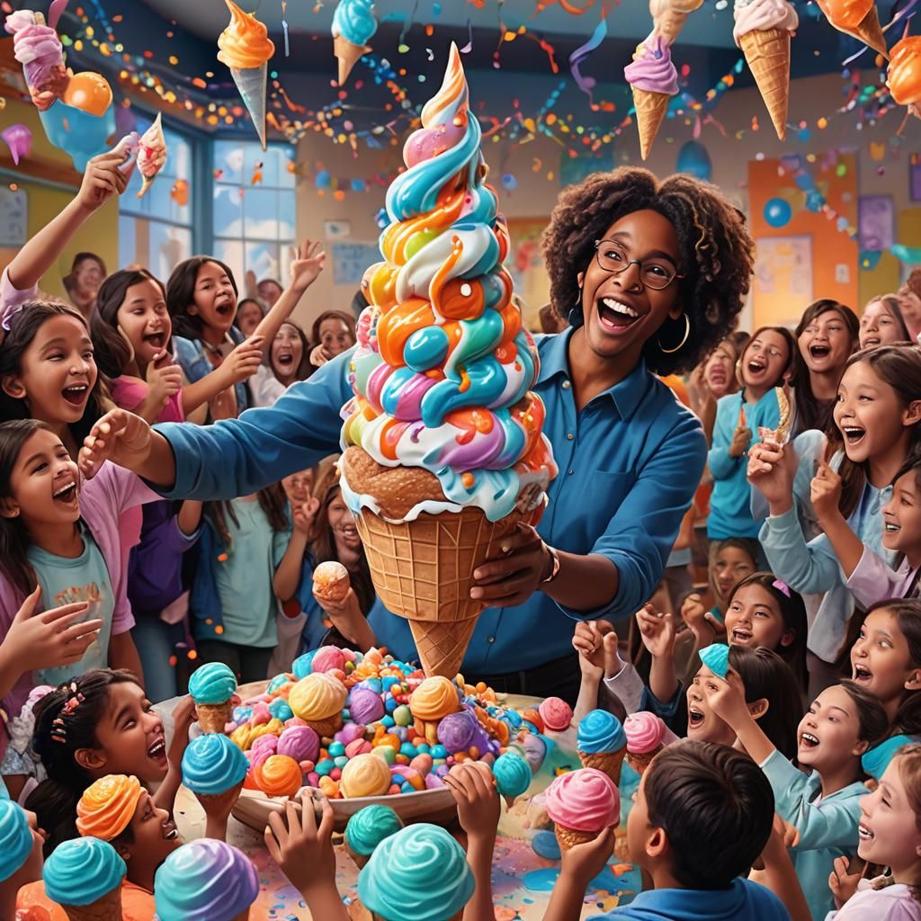 Joyful Teacher with Ice Cream Mountain in Whimsical Classroo...