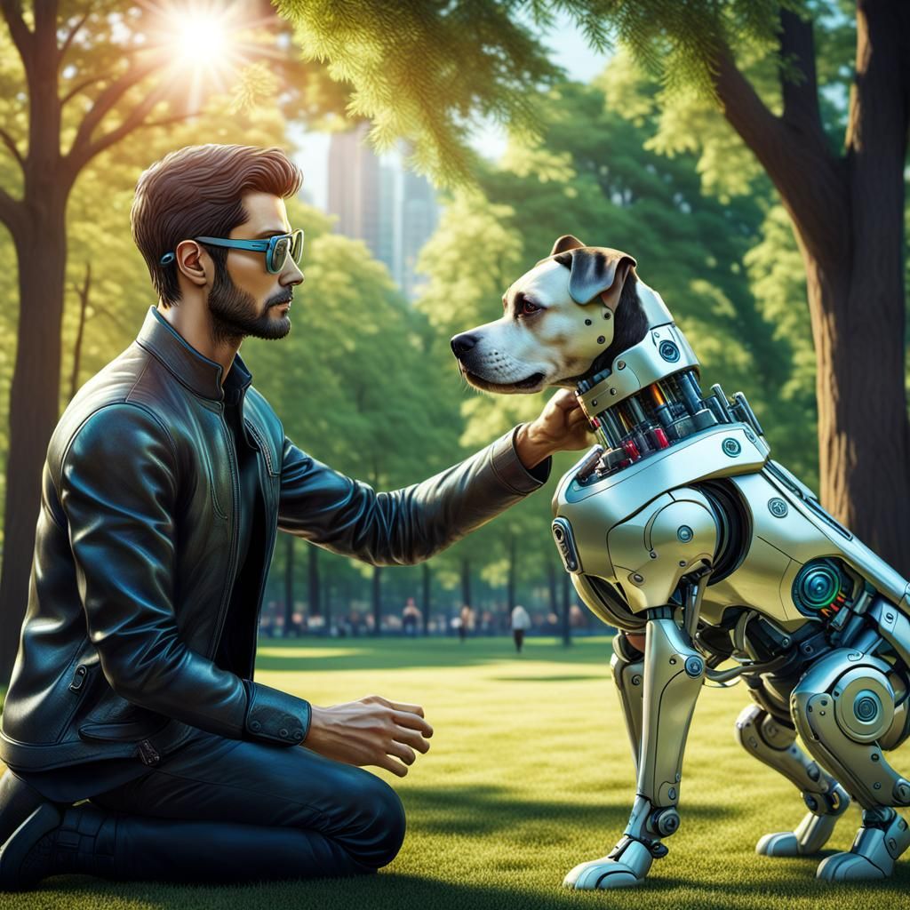 Man and Cyborg Dog in Futuristic Park
